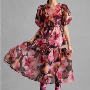 RARE NWT Anthropologie Puff Sleeve Organza Silk Floral Dress & Slip Set